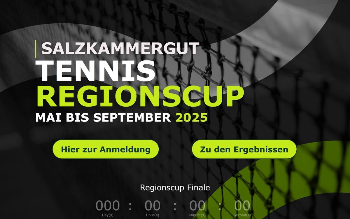Startseite des Tennis Regionscup Salzkammergut mit Anmeldebutton und Countdown zum Finale